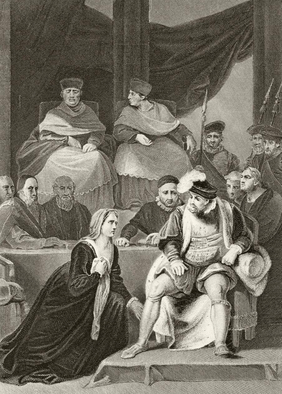 Catarina de Aragão ajoelhada diante de seu marido o rei Henrique VIII durante o julgamento de seu casamento, de &39;A História Nacional e Doméstica da Inglaterra&39; por William Hickman Smith Aubrey (1858-1916) publ de English School