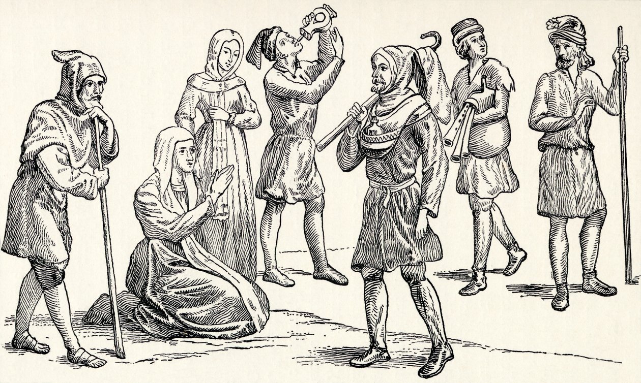Trajes de pessoas comuns espanhóis no século XIII, Espanha, de &39;Espanha: um resumo da história espanhola da conquista moura para a queda de Granada, 711-1492&39;, por Henry Edward Watts, publis de English School