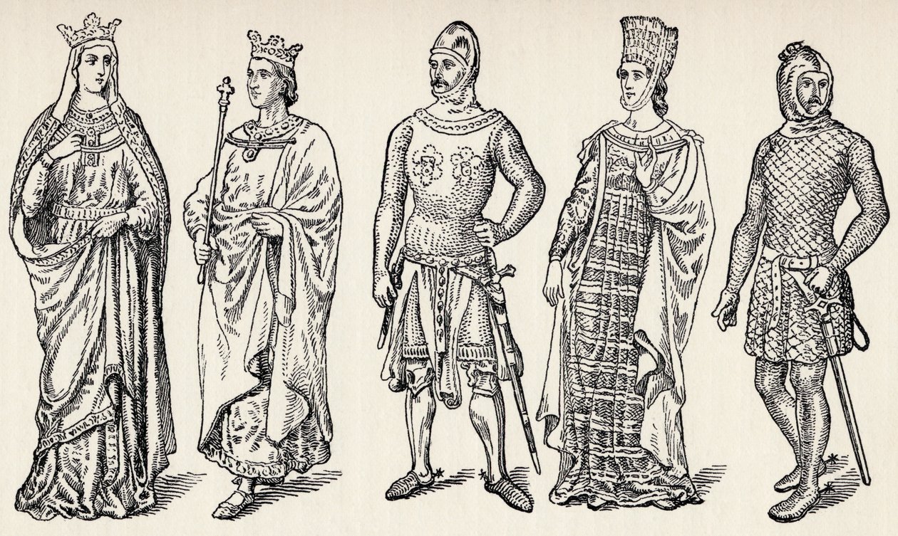 Trajes do século XIII reis espanhóis e nobres, Espanha, de &39;Espanha: um resumo da história espanhola da conquista moura para a queda de Granada, 711-1492&39;, por Henry Edward Watts, publis de English School
