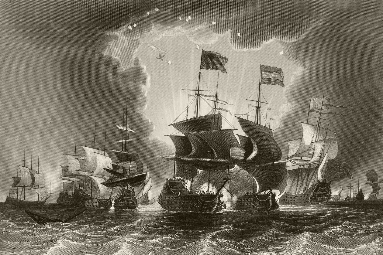 Derrota da frota holandesa pelo almirante Robert Blake na Batalha de Gabbard, 12 e 13 de junho de 1653, de "A História Nacional e Nacional da Inglaterra" por William Hickman Smith Aubrey (1858-1916) pub de English School