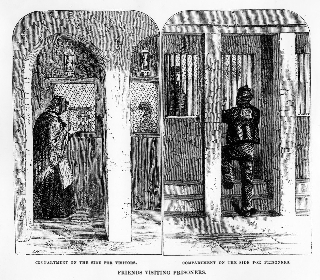 Amigos que visitam prisioneiros na Casa de Correção, Coldbath Fields, impressão feita por J. Palmer, ilustração de &39;As Prisões Penais de Londres e Cenas da Vida de Londres&39; por Henry Mayhew e John B de English School