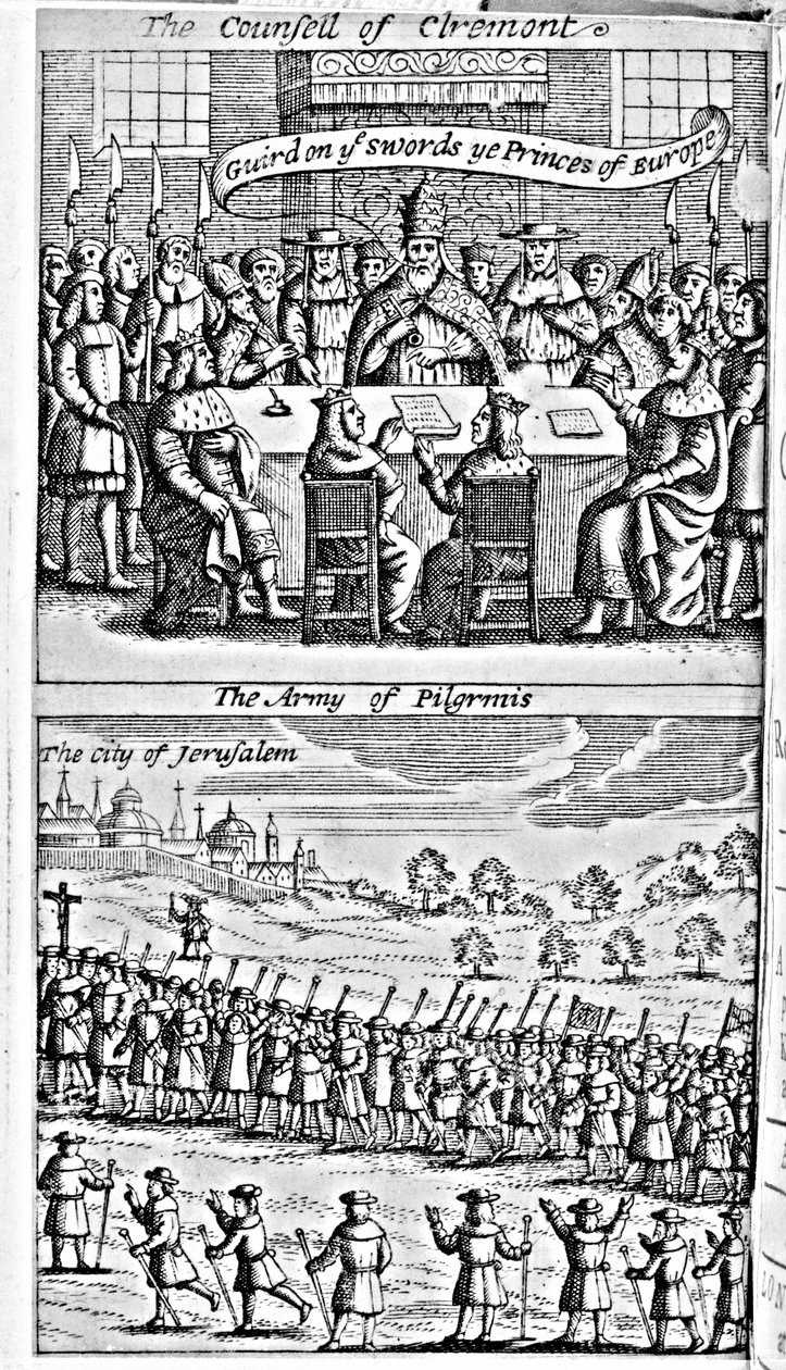 Frontispício de "A História da Guerra Santa: Começou Anno 1095, pelos príncipes cristãos da Europa contra os turcos, para a recuperação da Terra Santa, e continuou até o ano de 1294" por Thomas Mill de English School