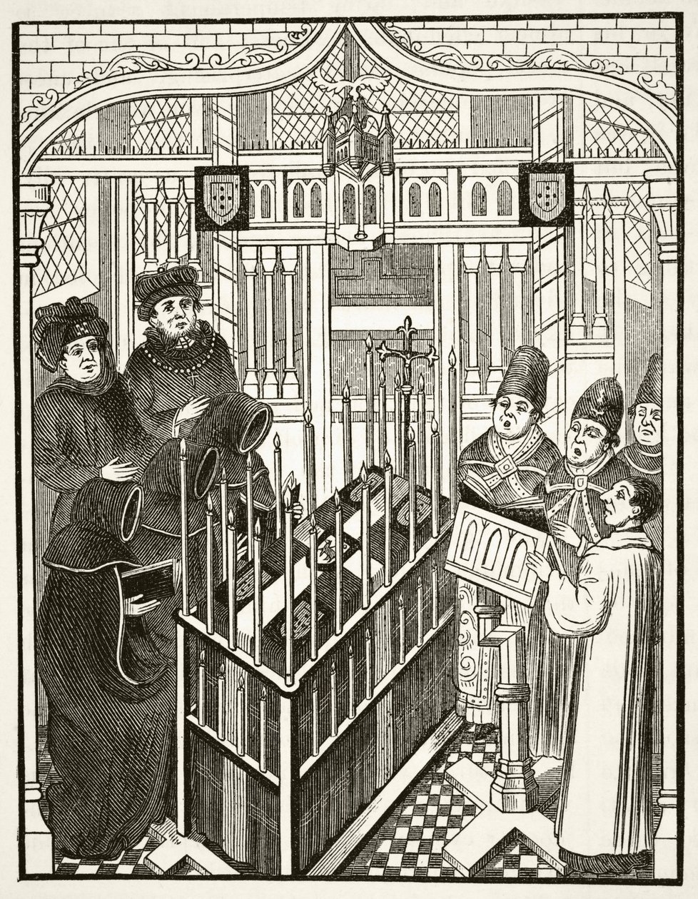 Cerimônia fúnebre para uma pessoa de importância no século 15, de "A História Nacional e Doméstica da Inglaterra", de William Hickman Smith Aubrey (1858-1916) publicou Londres, c.1890 de English School