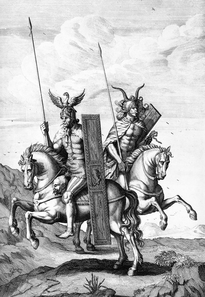 Soldados alemães com seus capacetes, escudos e lanças, gravados por Cornelis Huyberts, ilustração aos &39;Comentários de César&39; traduzidos para o inglês por William Duncan, publicado em 1753 de English School