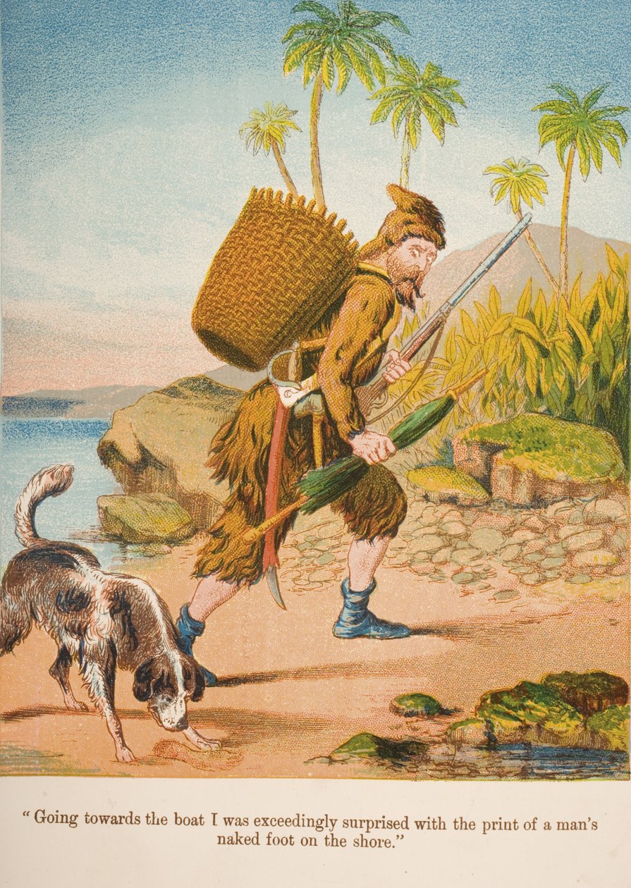 "Indo em direção ao barco, fiquei extremamente surpreso com a impressão do pé nu de um homem na praia.", Ilustração de "Robinson Crusoe", de Daniel Defoe (1660-1731), c.1860s (cromolito) de English School