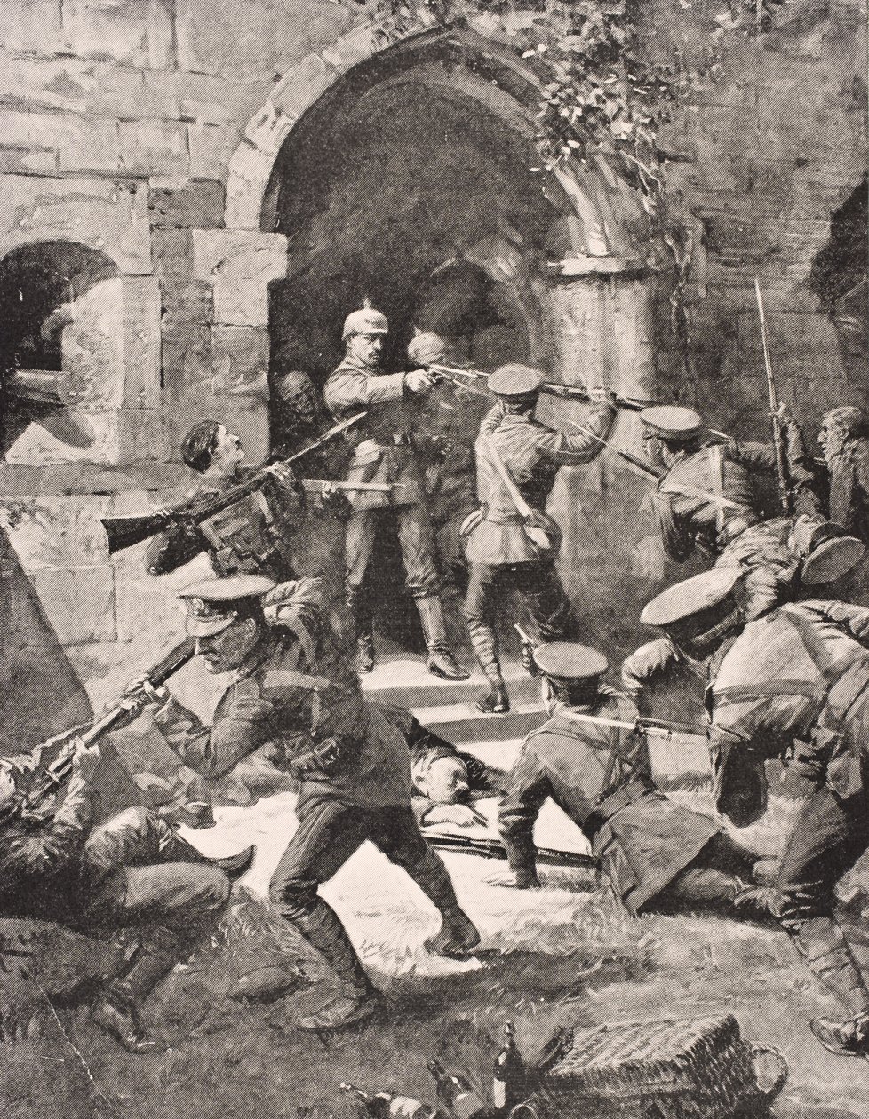 Combate corpo-a-corpo enquanto tropas britânicas atacam defensores alemães do Chateau d&39;Hooge perto de Ypres Belgium, 1915, de &39;The War Illustrated Album deLuxe&39;, publicado em Londres, 1916 de English School