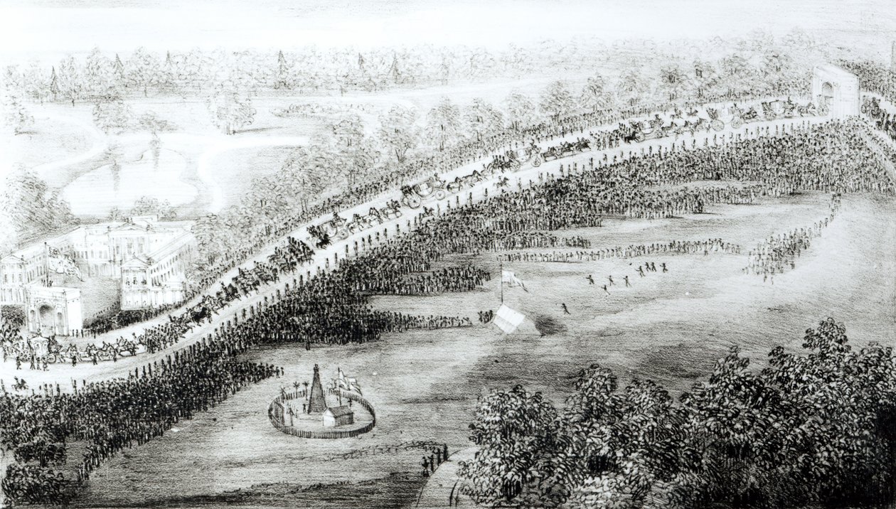 Sua Mais Graciosa Majestade e Escolta Abandonando o Palácio, a partir de uma série de vistas aéreas tomadas no dia da coroação da Rainha Vitória, gravada por W Clerk, publicada por GS Tregear, 28 de junho de 1838 de English School