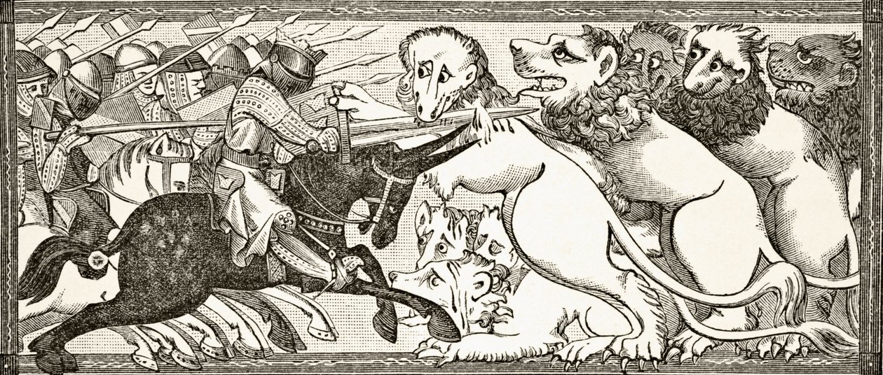 Como Alexandre lutou contra leões brancos do tamanho de touros, depois de uma miniatura em um manuscrito do século 13, de "Ciência e Literatura na Idade Média", de Paul Lacroix, 1878 de English School