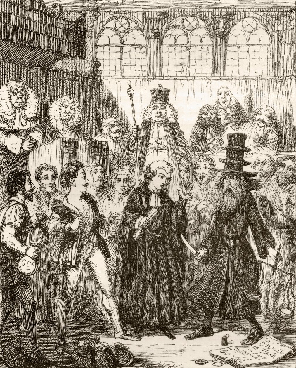 Ilustração depois de George Cruikshank para o poema "O Mercador de Veneza", uma lenda da Itália, de "The Ingoldsby Legends ou Mirth and Marvels", de Thomas Ingoldsby, publicado em 1865 de English School