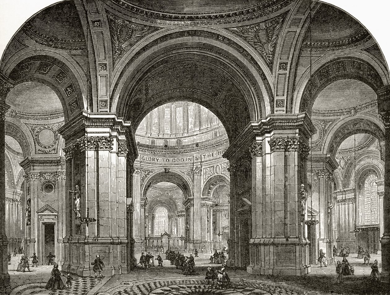 Interior da Nave da Catedral de São Paulo, olhando para o leste, como teria sido depois do primeiro desenho de Wren, de &39;London Pictures: Drawn with Pen and Pencil&39;, do Rev. Richard Lovett, publicado em 1890 ( de English School