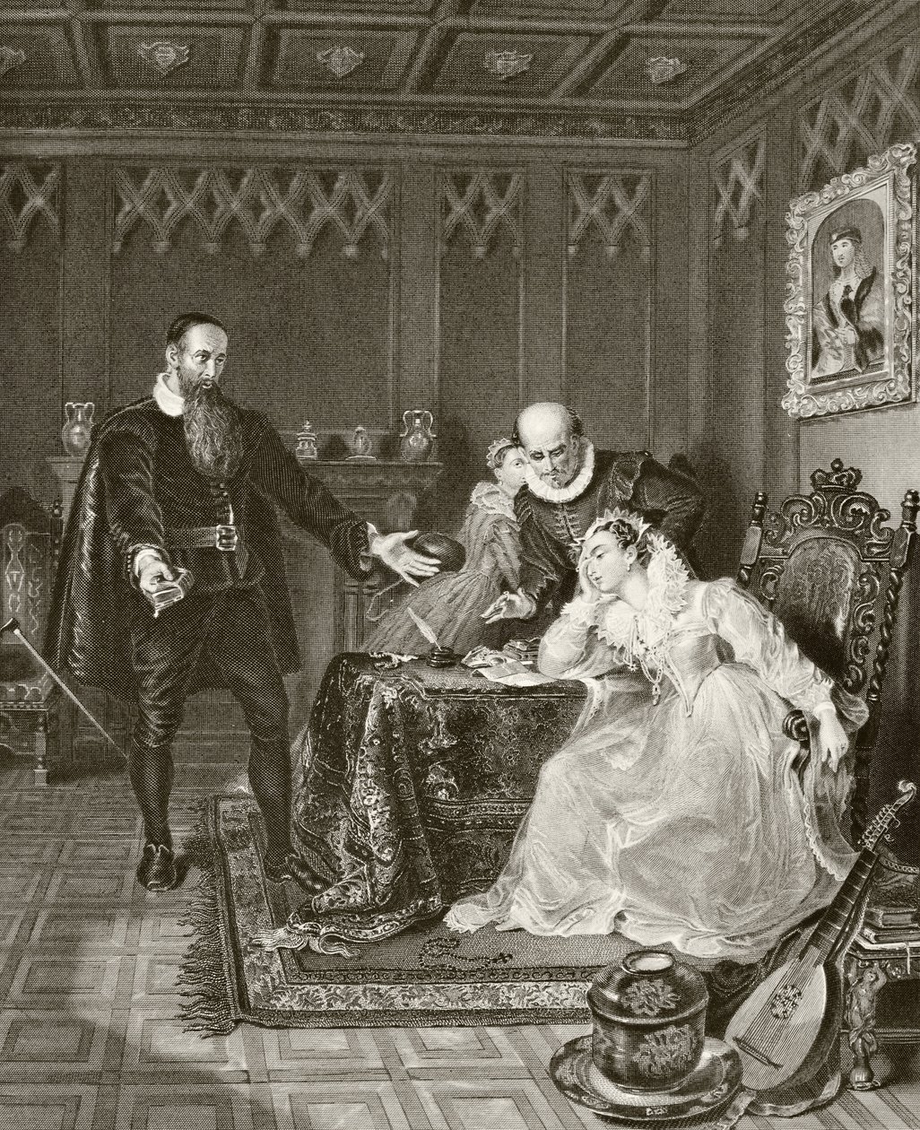 John Knox admoestando Mary Queen of Scots sobre seu planejado casamento com Don Carlos, filho de Filipe II da Espanha, 24 de junho de 1563, de "A História Nacional e Doméstica da Inglaterra" por William Hickman Smit de English School