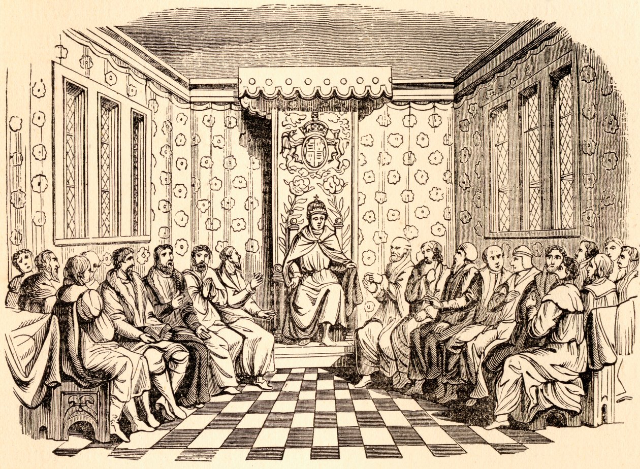 O Rei Eduardo VI da Inglaterra e seu Conselho, depois de uma xilogravura na página de rosto das Estátuas de 1551, de "História do Palácio de Hampton Court em Tudor Times", de Ernest Law, publicaram Londres em 1885 de English School