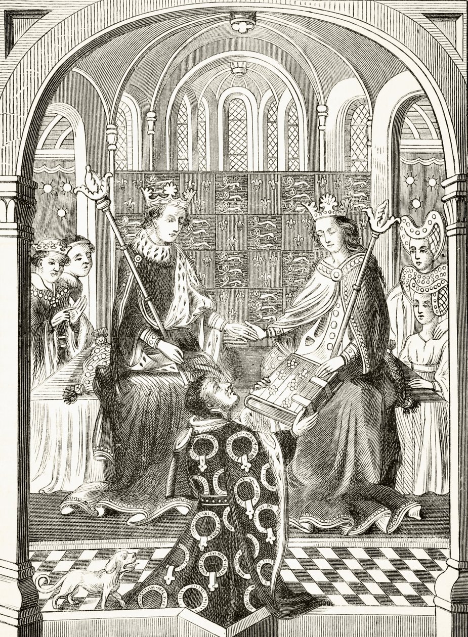 O rei Henrique VI da Inglaterra e sua rainha consorte, Margaret de Anjou em sua corte, de "A História Nacional e Doméstica da Inglaterra", de William Hickman Smith Aubrey (1858-1916) publicaram Londres, c.18 de English School