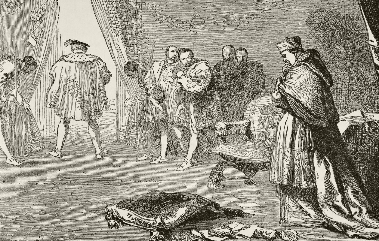 O rei Henrique VIII da Inglaterra demite o cardeal Wolsey em 1529, de "A história nacional e doméstica da Inglaterra", de William Hickman Smith Aubrey (1858-1916), publicado em Londres, c.1890 de English School
