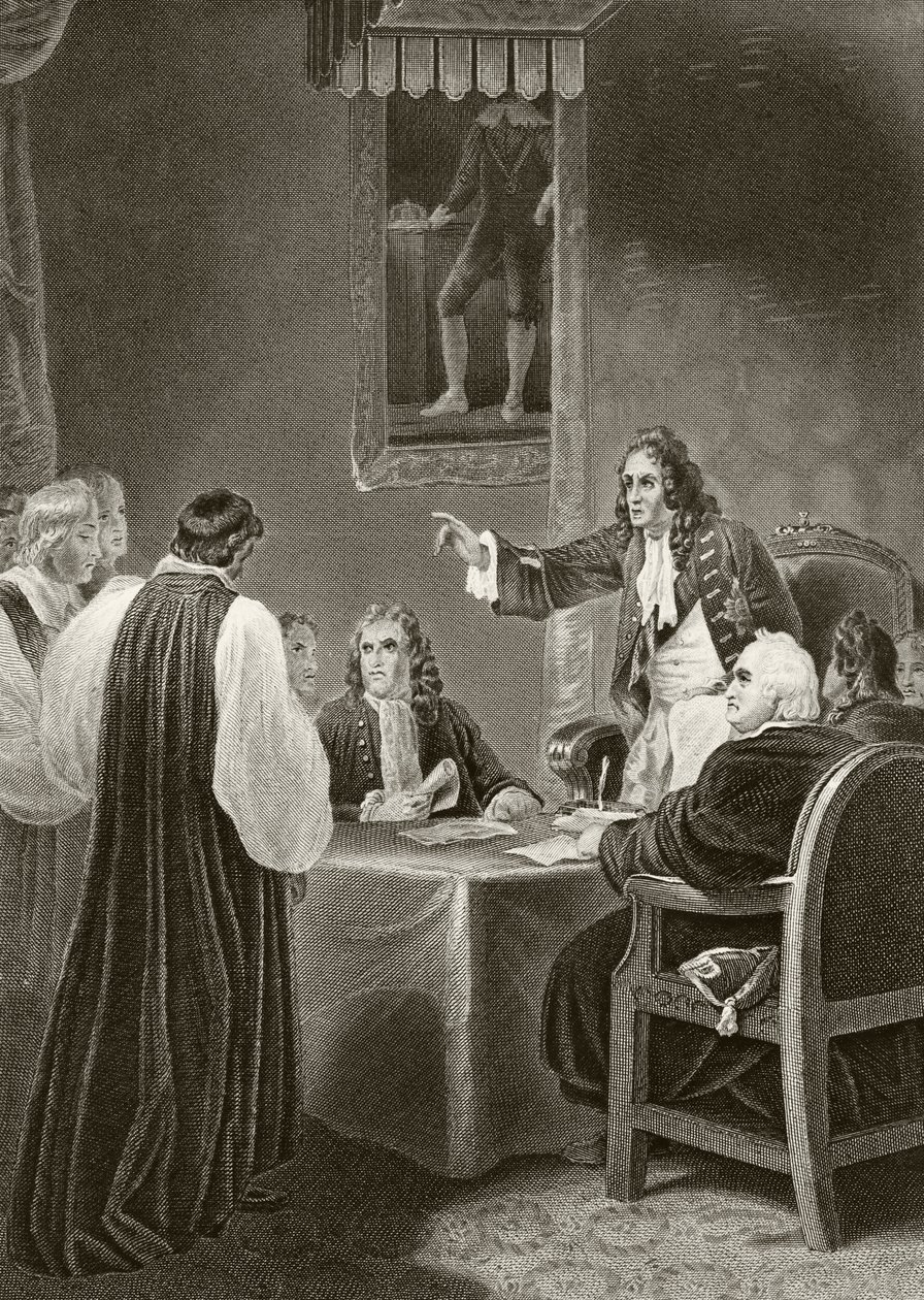 O Rei Jaime II da Inglaterra diante dos bispos no Conselho Privado, 1688, de "A História Nacional e Doméstica da Inglaterra", de William Hickman Smith Aubrey (1858-1916) publicou Londres, c.1890 de English School