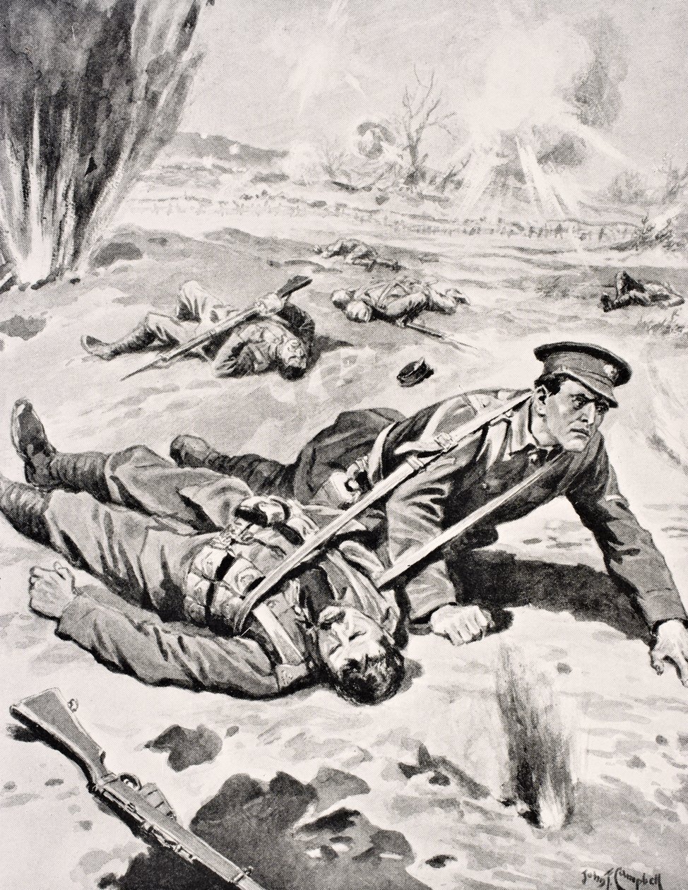 Lance-cabo Joseph Tombs VC, com um dos quatro camaradas feridos que ele salvou perto de Armentieres, França, em 16 de junho de 1915, de &39;The War Illustrated Album deLuxe&39;, publicado em Londres, 1916 de English School