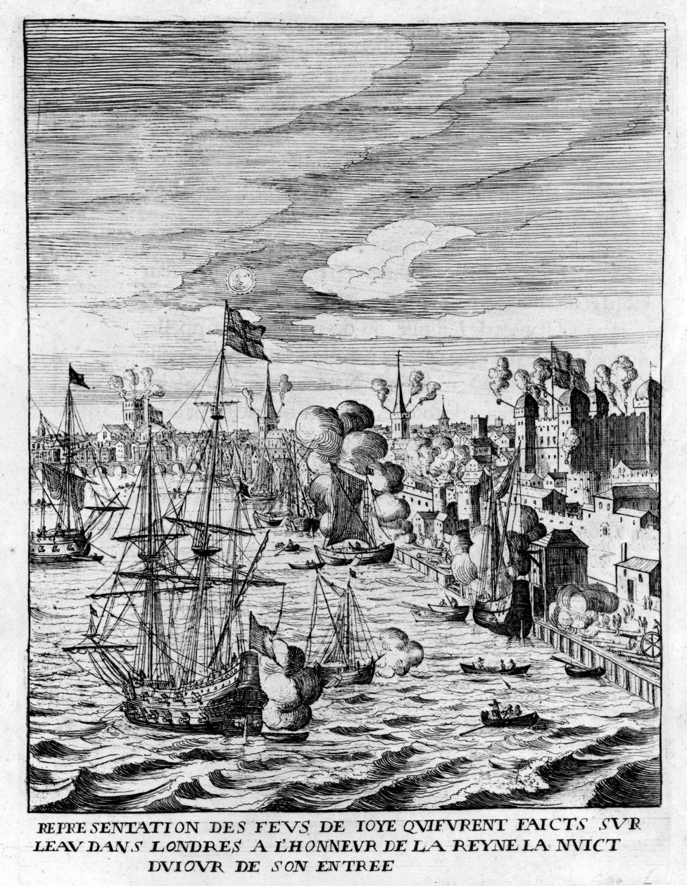 Incêndios na Torre de Londres e fogo de canhão na Rainha dos Medici, ilustração de "História da entrada da Mãe Reyne no Grande Bretão" por Jean Puget de English School