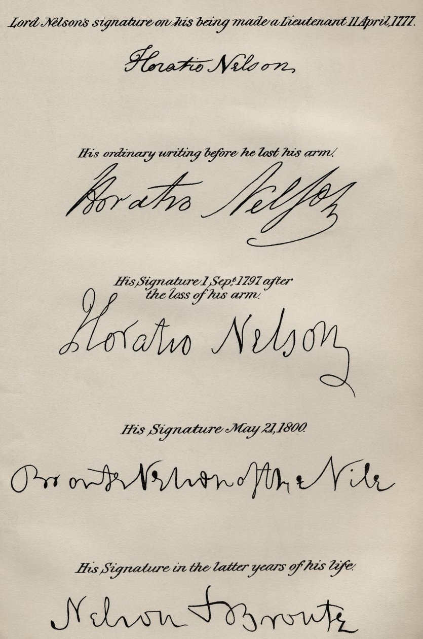As assinaturas de Lord Nelson antes e depois da perda de seu braço direito, de "The Life of Nelson" de Robert Southey (1774-1843), foram publicadas pela primeira vez em 1813 (ver também 234260 e 237021 para detalhes). de English School