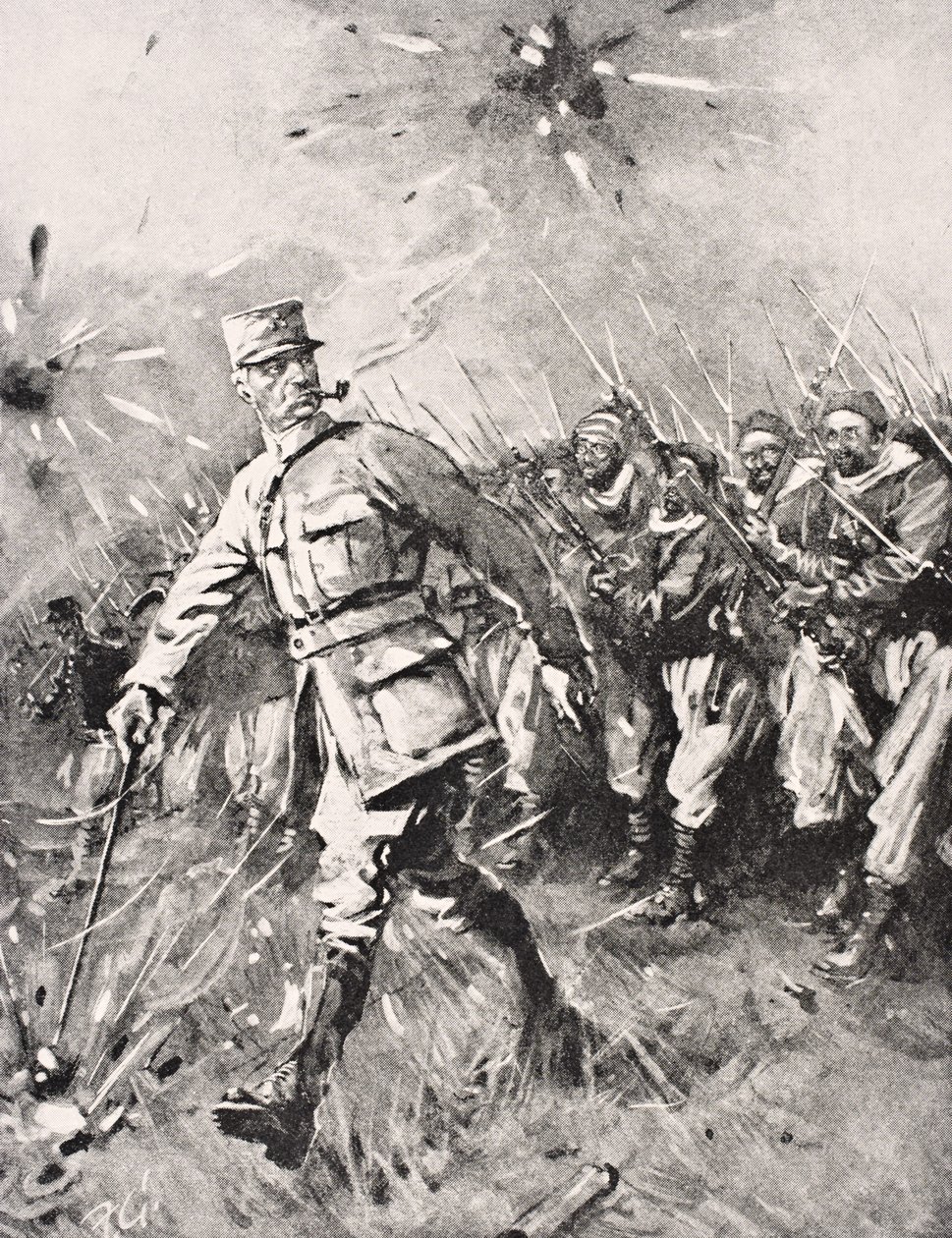 Major Jean-Baptiste Marchand, cachimbo na boca, com a bengala na mão, lidera Zouave e untis marroquinos contra o inimigo alemão Western Front 1915, de &39;The War Illustrated Album deLuxe&39;, publicado em Londres, 1916 ( de English School
