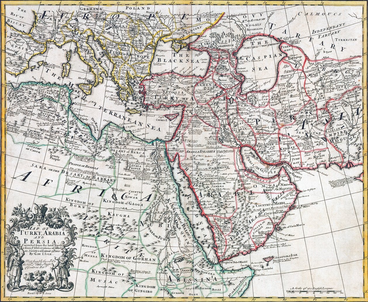 Mapa da Turquia, Arábia e Pérsia, depois de Guillaume de L&39;Isle, revisado por John Senex, do "Novo Atlas Geral de 1721" por D. Browne, T. Taylor, J. Darby, J. Senex, W. Taylor e quatro outros em Londo de English School