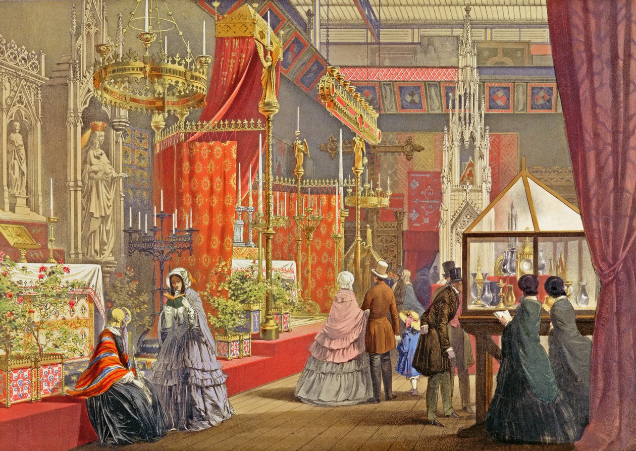 Corte medieval, projetado por Pugin, prato 40 de fotos detalhadas de &39;Dickinsons&39; da grande exposição de 1851 ... &39;, publicado por Dickinson Brothers, 1854 (litho colorido à mão) (ver 6245) de English School