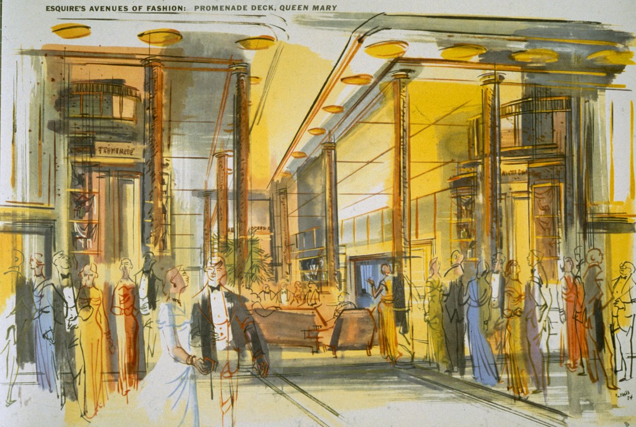 Promenade Deck a bordo do Queen Mary, a partir das Avenidas da Moda da Esquire (cor lito) de English School