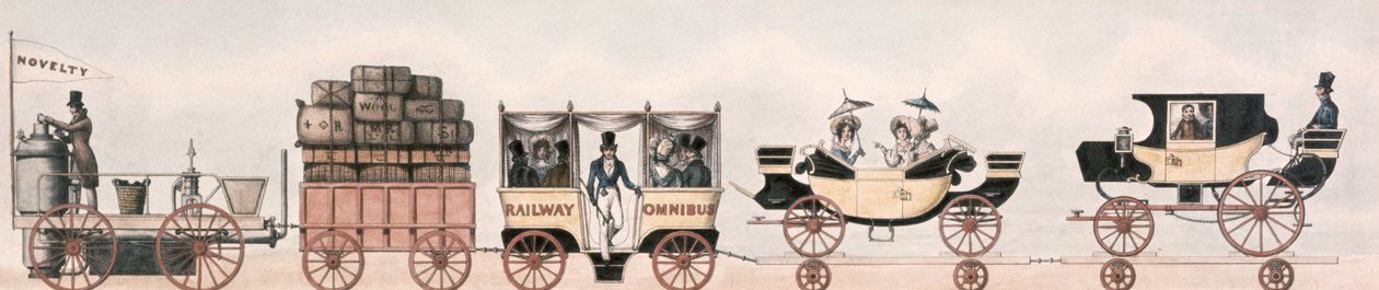 Ensaios de Rainhill, &39;Novelty&39;, o favorito sem sucesso, 1829 (cor litho) de English School
