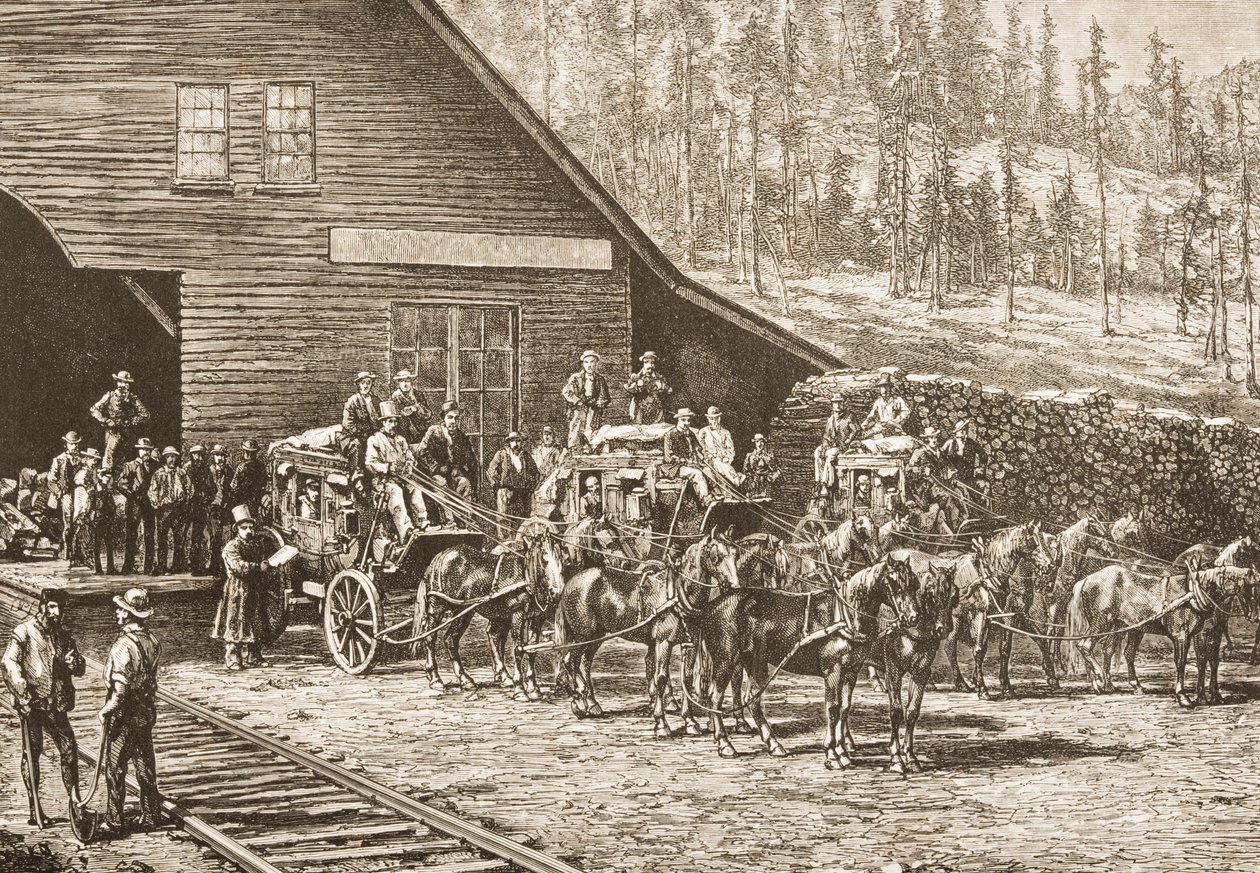 Estação Reno na Ferrovia Central do Pacífico, em c.1870, da &39;American Pictures&39; publicada pela Religious Tract Society, 1876 (gravura) de English School