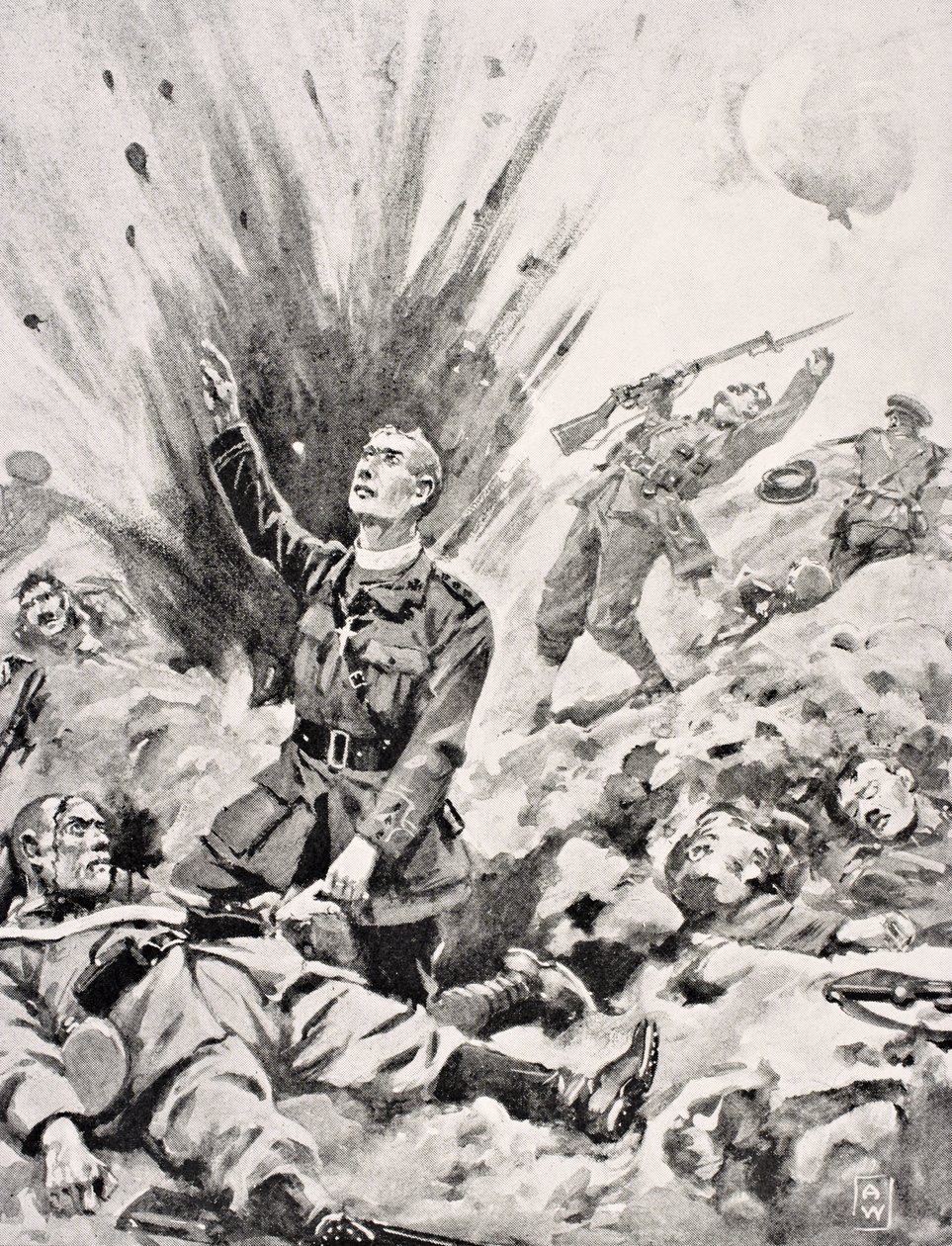 Reverendo John Gwynn, capelão da Guarda Irlandesa dando o último sacramento para morrer soldado alemão, pouco antes de ele mesmo ser morto na Colina 70 na Batalha de Loos, França, em outubro de 1915, de &39;The War Illustra de English School