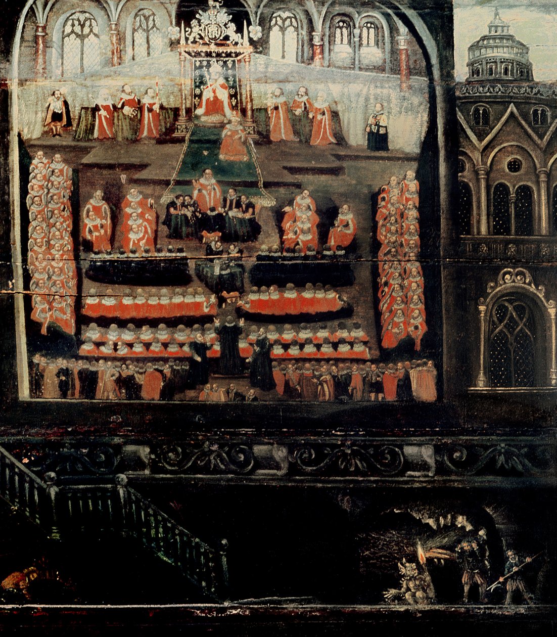 Lado direito de Diptych mostrando o Parlamento de James I da Inglaterra, VI da Escócia (1566-1625) e o Conspiração da Pólvora, detalhe dos Plotters da Pólvora no canto inferior direito (óleo sobre p de English School