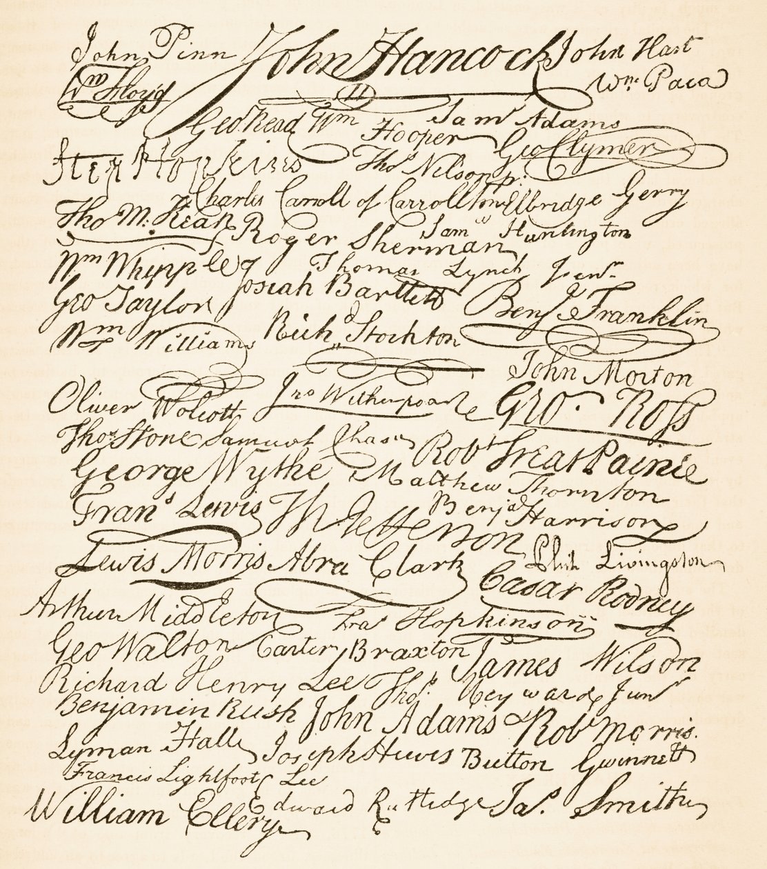 Assinaturas anexadas à Declaração de Independência Americana de 1776, de "A História Nacional e Nacional da Inglaterra", de William Hickman Smith Aubrey (1858-1916), publicaram Londres, c.1890 (lito de English School