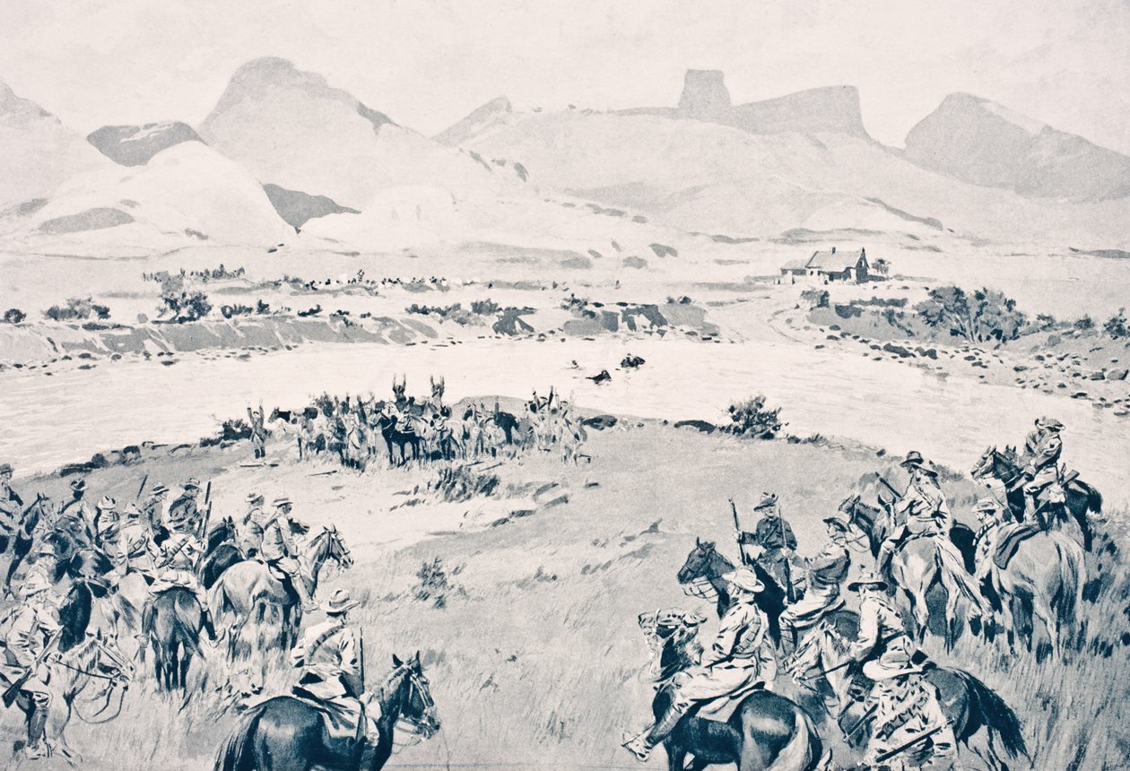 África do Sul. As tropas de Beyer se rendem ao rio Vaal após a rebelião de Maritz, 8 de dezembro de 1914, de "The War Illustrated deLuxe", publicado em Londres, 1916 de English School