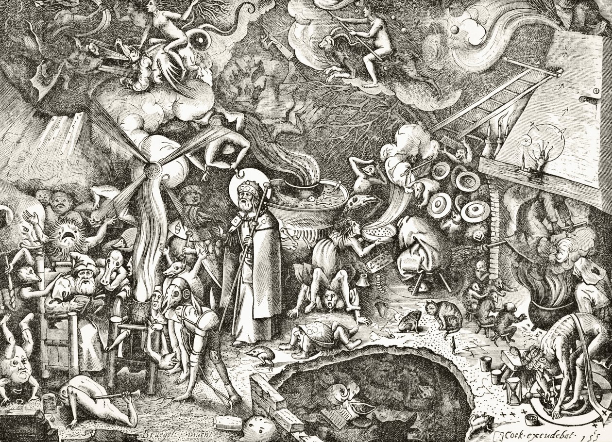 São Tiago, o Velho, combate os encantos diabólicos de um mago, gravados no século XVI, depois de uma composição de Brueghel, o Velho, de "Ciência e Literatura na Idade Média", de Pau de English School