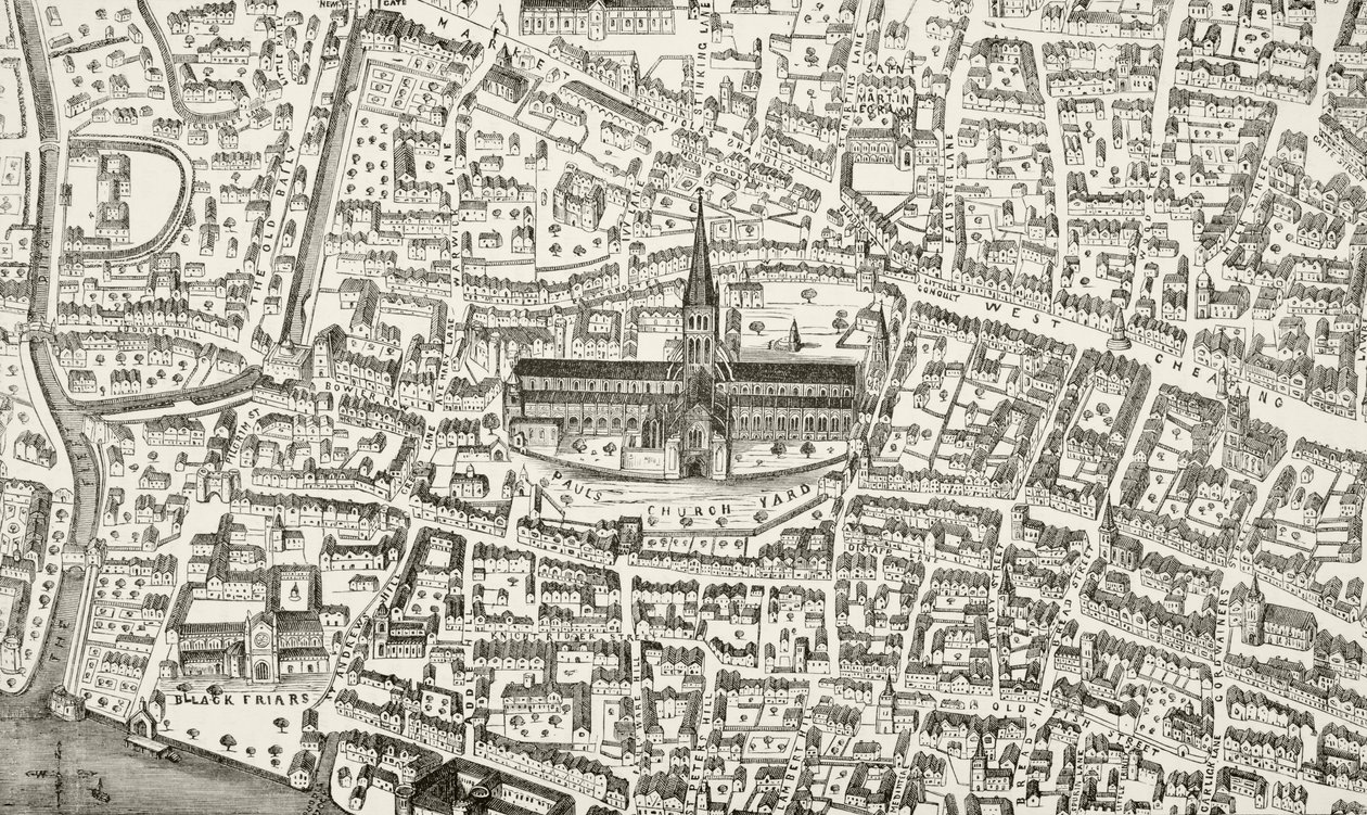 Catedral de São Paulo e arredores na época de Henrique VIII, de "A História Nacional e Doméstica da Inglaterra", de William Hickman Smith Aubrey (1858-1916) publicou Londres, c.1890 de English School