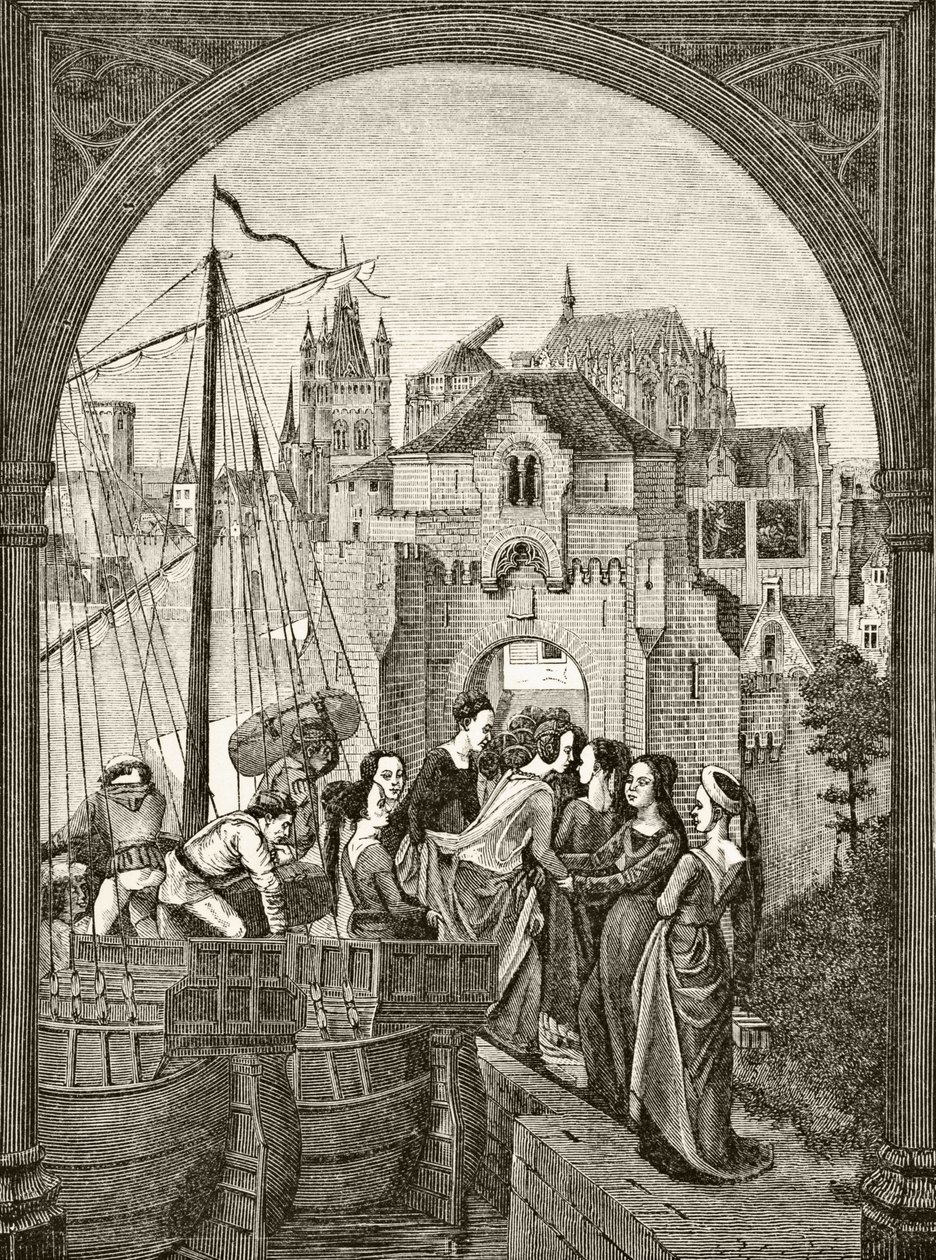 Santa Úrsula e seus companheiros chegando a Colônia, depois de um fragmento do relicário do século XV em Bruges, de "Ciência e literatura na Idade Média", de Paul Lacroix, 1878 de English School