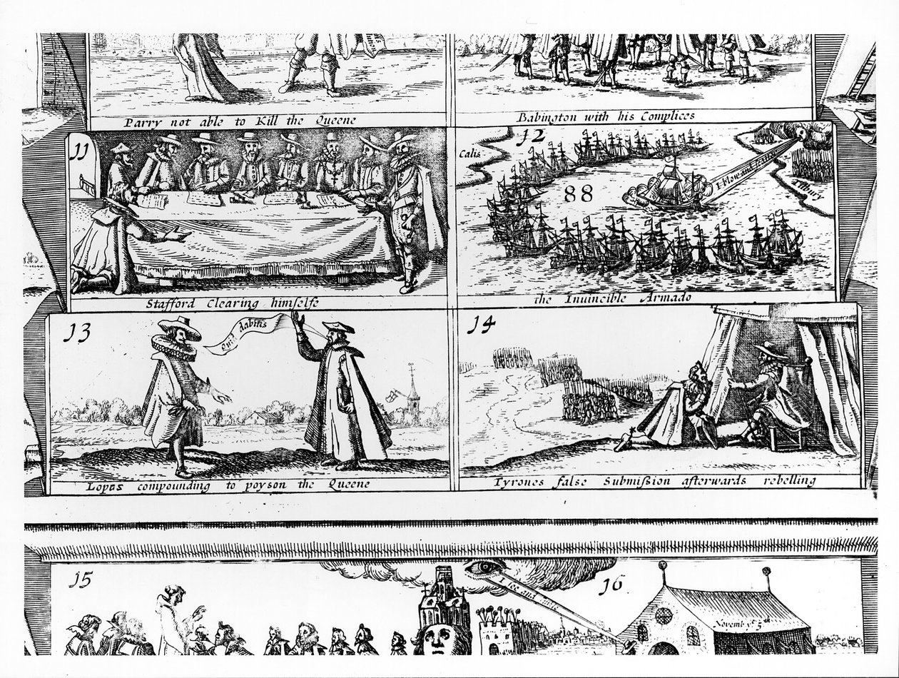 Stafford Esclarecendo-se, a Armada Invencível, Lopas Compondo para envenenar a rainha, a falsa submissão de Tyrone após a rebelião, gravada por Cornelius Danckerts (c.1603-56) de English School