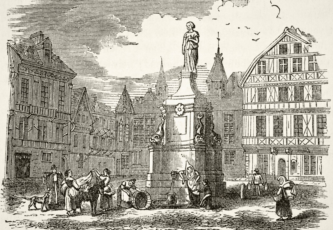 Estátua de Joana d&39;Arc no mercado em Rouen no século XIX, de "A História Nacional e Doméstica da Inglaterra" por William Hickman Smith Aubrey (1858-1916) publicou Londres, c.1890 de English School