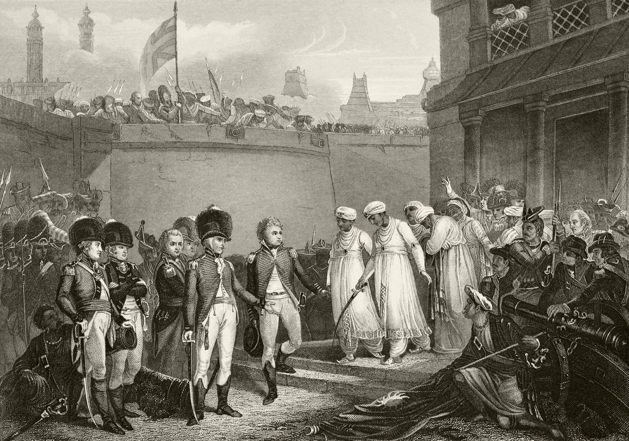 Rendição dos dois filhos de Tipu Sultan durante o cerco de Seringapatam na Terceira Guerra Anglo-Mysore, de "A História Nacional e Nacional da Inglaterra" por William Hickman Smith Aubrey (1858-191 de English School