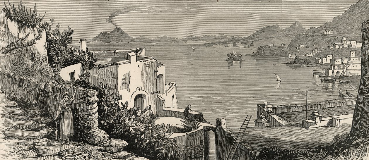 O terremoto desastroso em Ischia: A praia e cidade de Casamicciola da aldeia de Lacco, de "The Graphic", 04 de agosto de 1883 (gravura) de English School