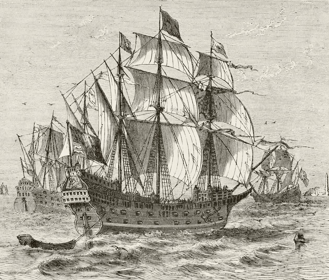 O navio de guerra inglês Harry Grace A Dieu, construído em 1513, de "A História Nacional e Doméstica da Inglaterra" por William Hickman Smith Aubrey (1858-1916) publicou Londres, c.1890 de English School