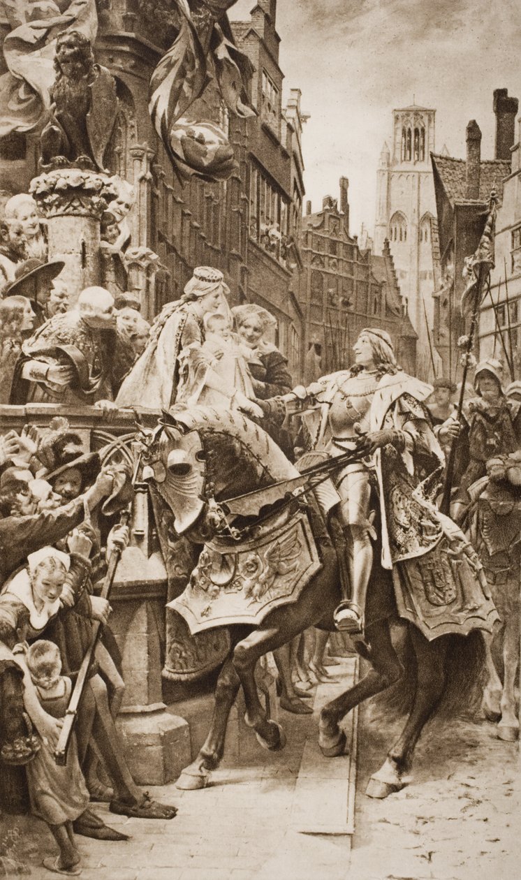 O Sacro Imperador Romano Maximiliano I e sua esposa, Mary de Bugundy, com seu Primeiro Nascimento, Philip de Ghent, ilustração de &39;The Outline of History&39; de HG Wells, Volume II, publicado em 1920 (lito de English School