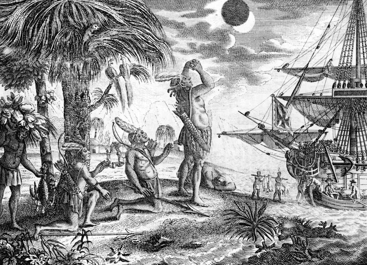 Os índios surpreendidos com o eclipse da lua predito por Colombo, ilustração de "Uma Nova Coleção Universal de Viagens e Viagens Autênticas e Divertidas", de Edward George Cavendish, 177 de English School