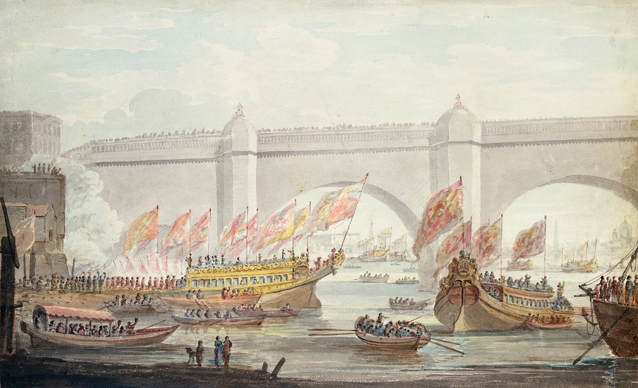 O Lord Mayor desembarque em Westminster, com uma vista da ponte, 1840 (wc no papel) de English School