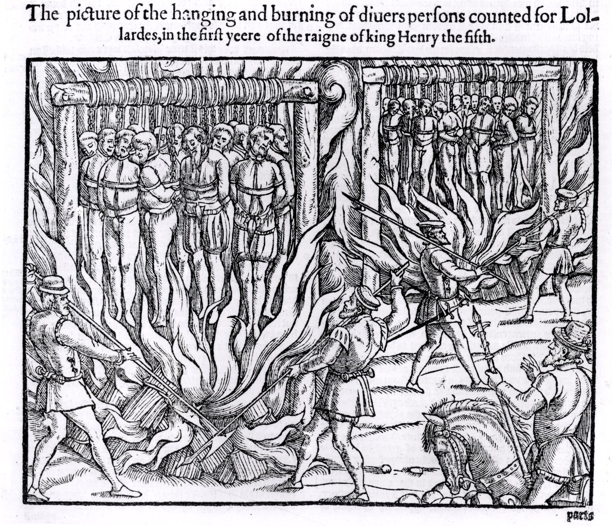 O retrato do enforcamento e queima de diversas pessoas contadas para lolardos, no primeiro ano do reinado do rei Henrique V, de &39;atos e monumentos&39; por John Foxe (1516-87), 1563 (bundw ph de English School
