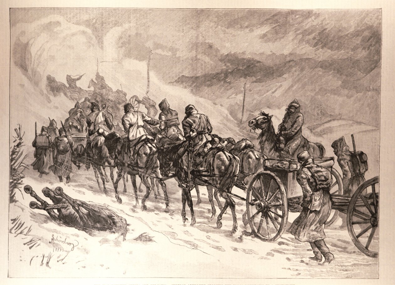 A guerra entre Servia e a Bulgária: artilharia servil que cruza as montanhas da Ploca em uma tempestade de neve, a partir de um esboço de J. Schonberg, de "The Illustrated London News", 16 de janeiro de 1886 de English School