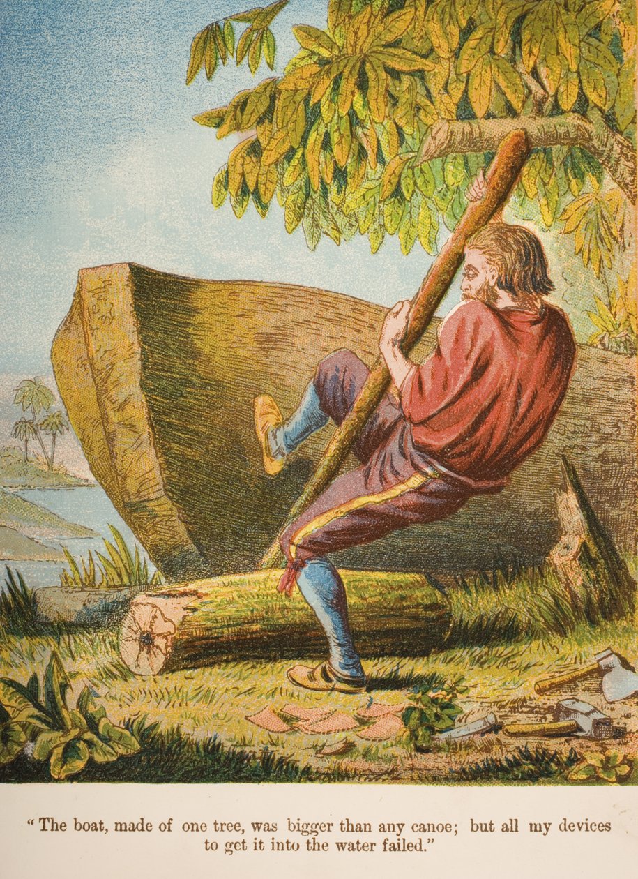 O barco, feito de uma árvore, era maior que qualquer canoa; mas todos os meus dispositivos para entrar na água falharam. &39;, ilustração de&39; Robinson Crusoe &39;por Daniel Defoe (1660-1731) c.1860s (cromolitho) de English School