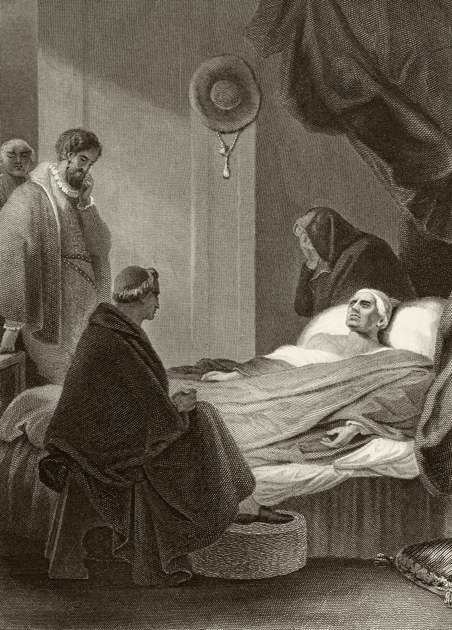 A morte do Cardeal Wolsey na Abadia de Leicester, em 29 de novembro de 1530, de "A História Nacional e Doméstica da Inglaterra" por William Hickman Smith Aubrey (1858-1916) publicou Londres, c.1890 de English School