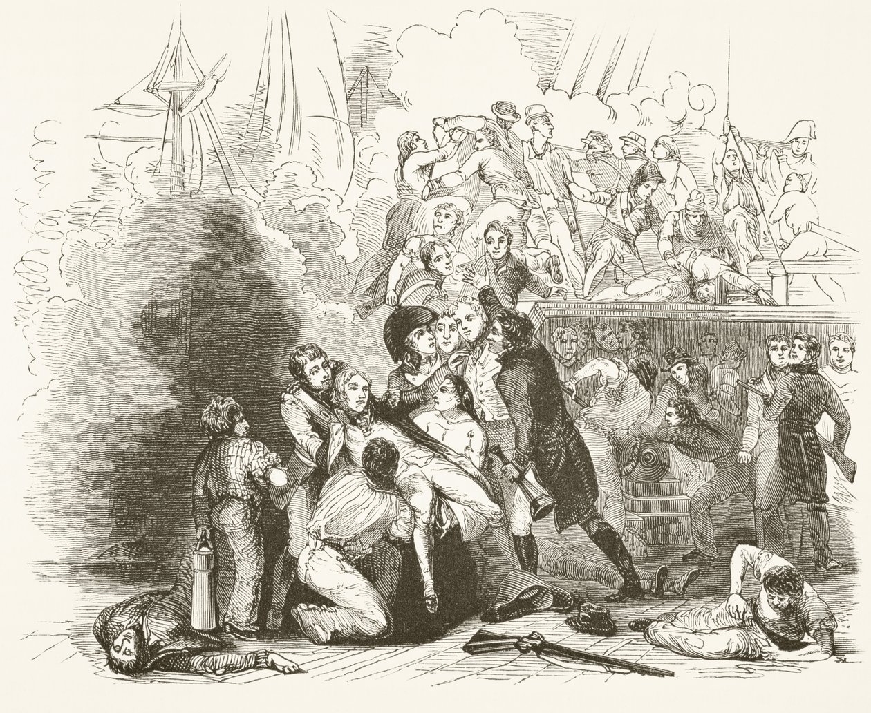 A morte de Lord Nelson na Batalha de Trafalgar, de "A História Nacional e Doméstica da Inglaterra" por William Hickman Smith Aubrey (1858-1916) publicou Londres, c.1890 de English School