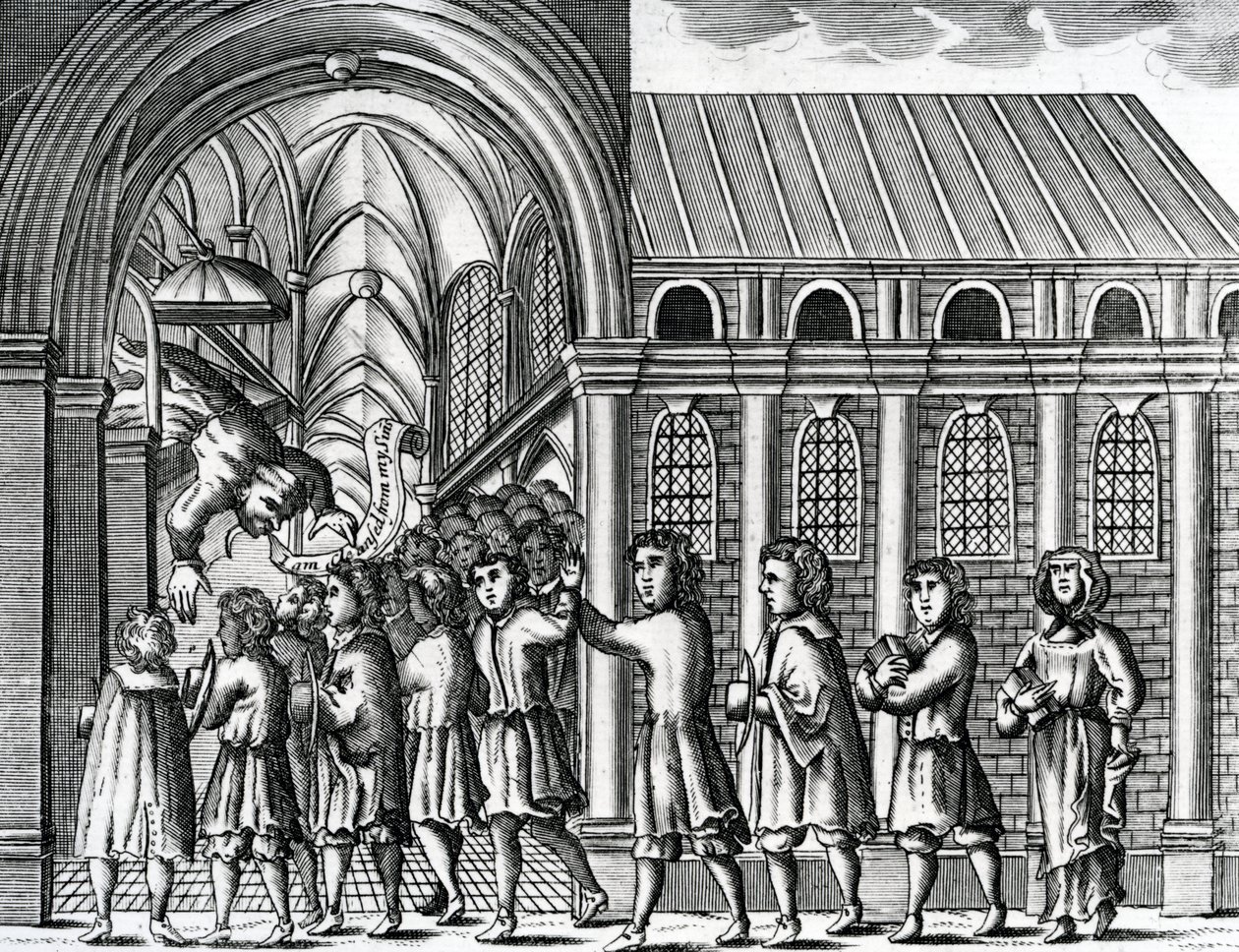 A descrição de um Sacerdote Papista que, quando ele tirou a Glória e o ofício de Cristo, caiu repentinamente e morreu, ilustração do livro &39;Foxe&39;s Book of Martyrs&39; vol. III, publicado em 1684 (gravado de English School