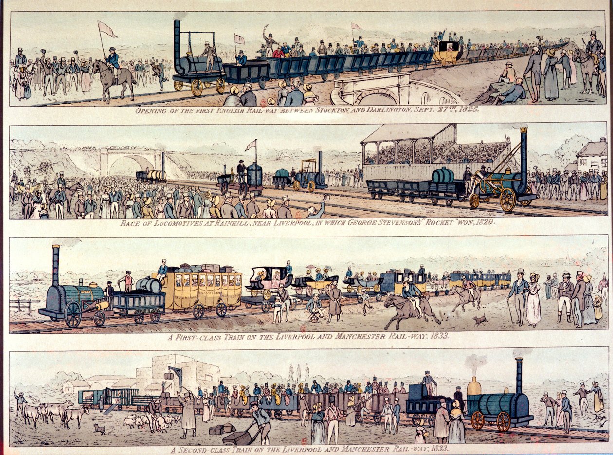 A abertura da ferrovia de Stockton e Darlington, em 1825; Corrida de locomotivas em Rainhill, perto de Liverpool, venceu por &39;Rocket&39;, de George Stephenson, em 1829; um trem de primeira classe no Liverpool e Manchester R de English School